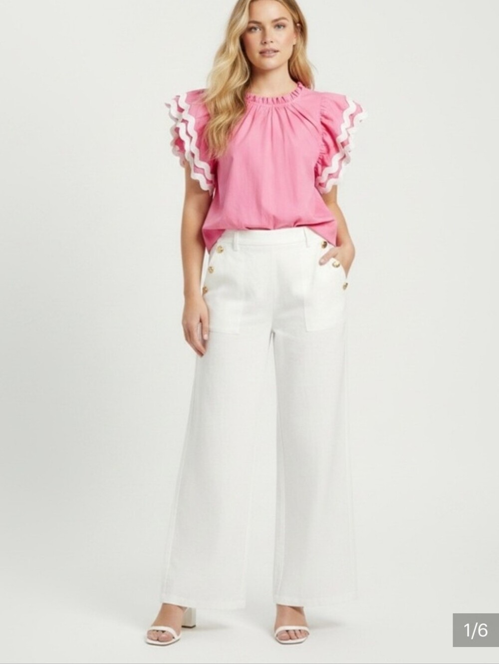 Mud Pie Pink Ruffle-Sleeve Top with White Wide-Leg Pants